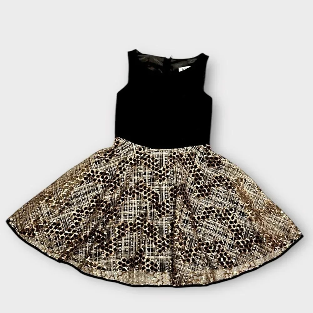 Milly Minis Luxury Dress Black and Gold Sequin Special Occasion Fit & Flare 12